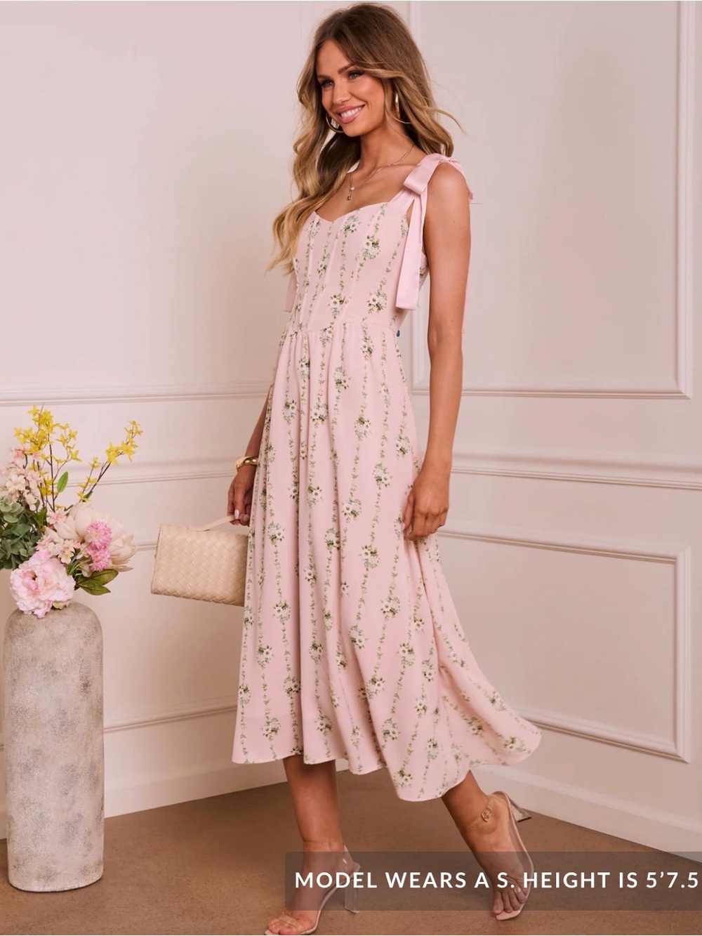 Pink Floral Tie-Shoulder Dress with boning in front